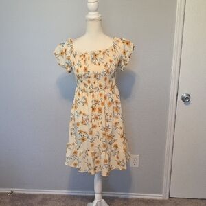 Cream and Orange Casual Puff Sleeve Midi Dress